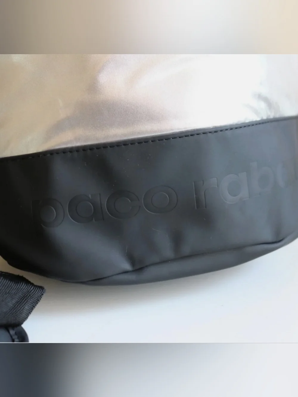 Paco Rabanne Metallic Silver Roll-Top Shoulder Duffle Bag with Black Accents